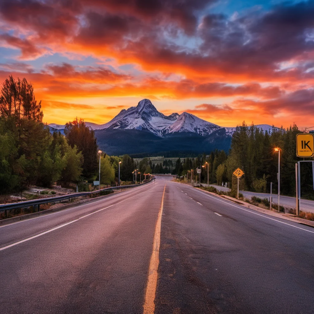 cinematic still, an epic sunset, street view of a mountain range, nature, vibrant, realistic, professional photograph, 8k, scenery, <lora:HDRv1:1>