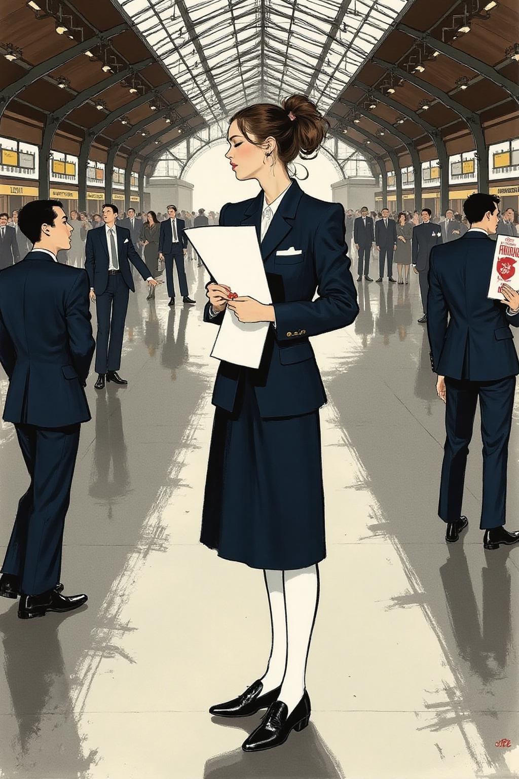 regr1 illustration.  Profile of a high school student in uniform, white socks and black shoes, standing in the middle of a train station, holding two acceptance letters--one for a local college and the other for an overseas university. The station is bustling with people moving in every direction, while she stands still, eyes closed, taking a deep breath as she tries to decide which future to follow. <lora:regr3_shoujo_nocap_d6a3:0.9><lora:808056070770609546:0>