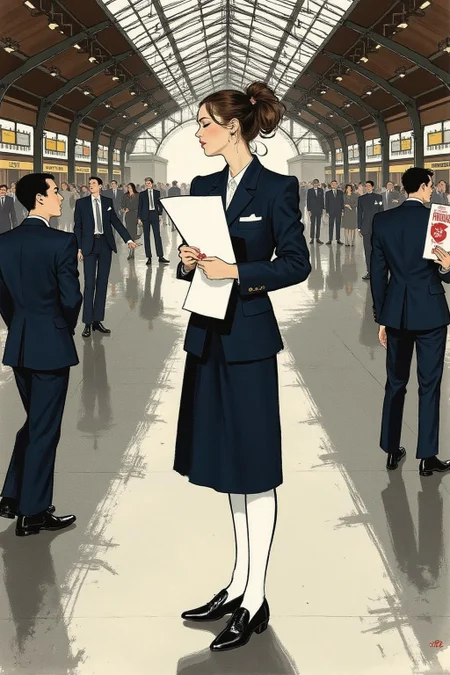 regr1 illustration. Profile of a high school student in uniform, white socks and black shoes, standing in the middle of a train station, holding two acceptance letters--one for a local college and the other for an overseas university. The station is bustling with people moving in every direction, while she stands still, eyes closed, taking a deep breath as she tries to decide which future to follow. <lora:regr3_shoujo_nocap_d6a3:0.9><lora:808056070770609546:0>