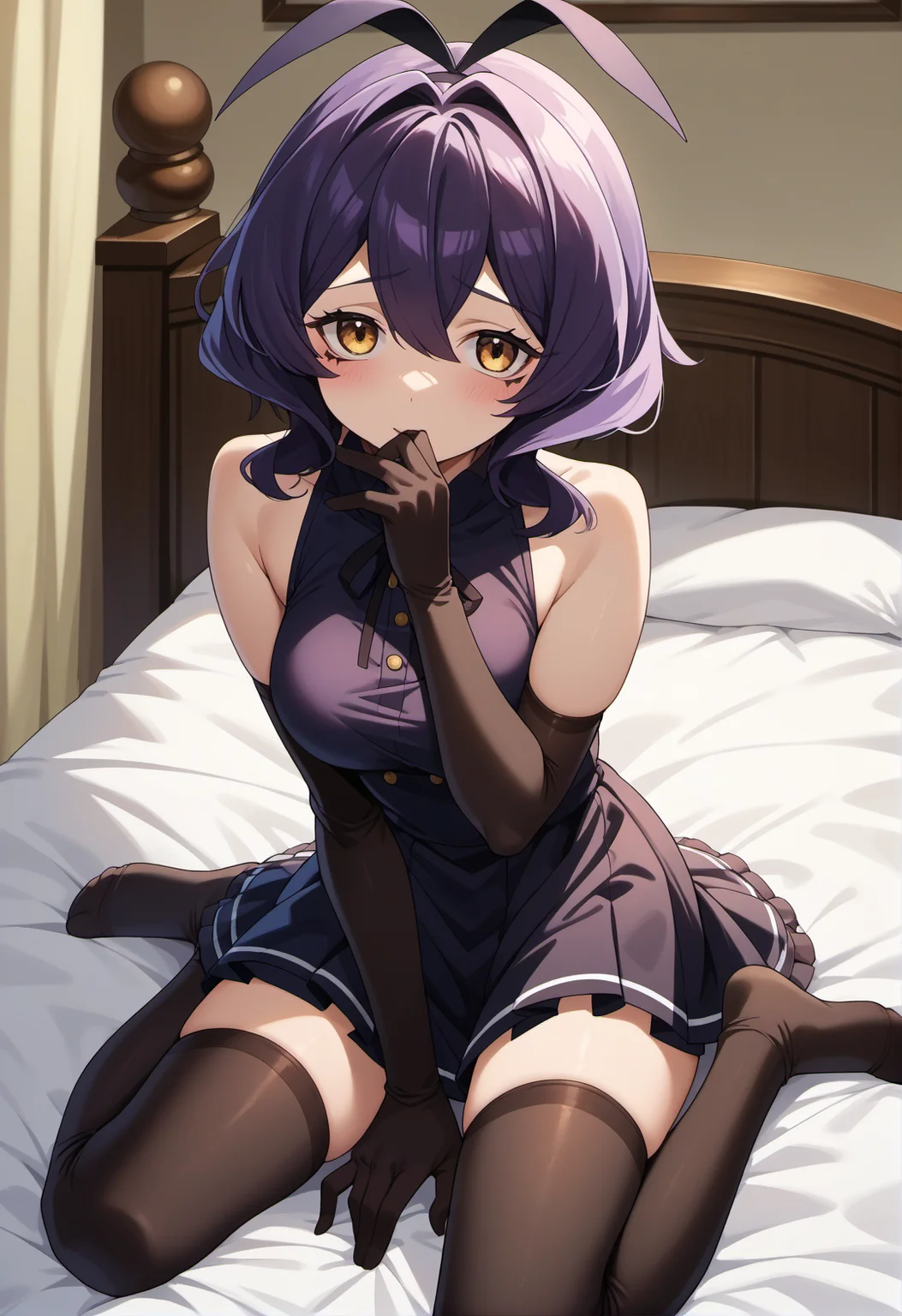 (score_9, score_8_up, score_7_up, score_6_up), source_anime, rating_questionable, BREAK
HiiragiUtena, 1girl, thighhighs, solo, dress, gloves, black dress, elbow gloves, black gloves, on bed, hand to own mouth, sitting, two-sided skirt, bed, looking at viewer, black thighhighs, sitting on bed, bare shoulders, sleeveless, hair between eyes, sleeveless dress, wariza, two-sided fabric, breasts, ribbon, hand between legs, no shoes, between legs, indoors, seiza
<lora:GOMG_HiiragiUtena_PD6XL_1:1>
