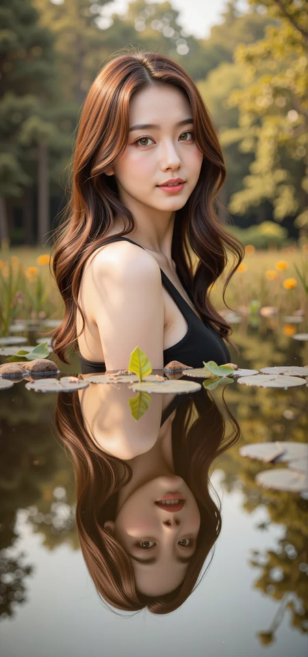 A beautiful and youthful Korean model, 20 years old, showcases her striking looks with a slender body, perfect face, exquisite eyes, and luscious lips., Craft a photorealistic portrait capturing the essence of a captivating female figure against a dreamy landscape backdrop. The subject, with her long wavy hair cascading over one shoulder, exudes confidence as she stands in a serene forest clearing bathed in golden hour light. From an unusual low-angle perspective that mirrors the reflection on a calm pond, showcase the intricate details of her deep green eyes and the faint smile gracing her lips. This unique vantage point should evoke a sense of harmony with nature while highlighting her striking beauty and enigmatic aura, blending elements of realism with a subtle touch of surrealism to create an unforgettable visual experience
