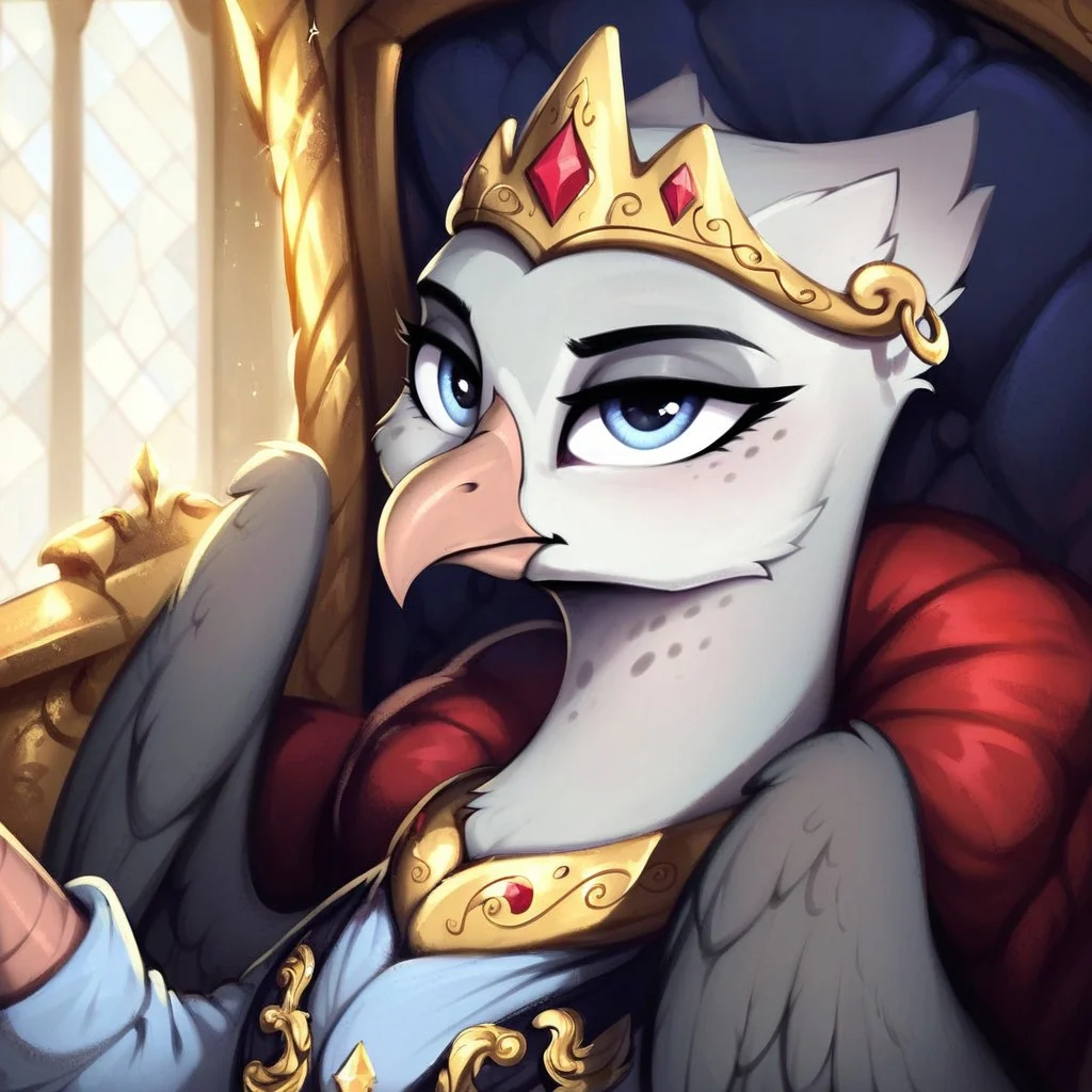 masterpiece, score_9_up, score_8_up, score_7_up, score_6_up, (best quality:1.1), ultra-detailed, high resolution, solo, Blackrock, griffon, mlp style, avian, feral, female, long eyelashes, eyebrows, beautiful detailed light blue eyes, beak, gray-white feathers, gray freckles, feathery ears, tail, wings, earring, black royal robes, crown on head, sitting on a throne, majestic, regal, sharp focus, inside a grand hall, detailed background, luxurious interior, golden decorations, dim lighting