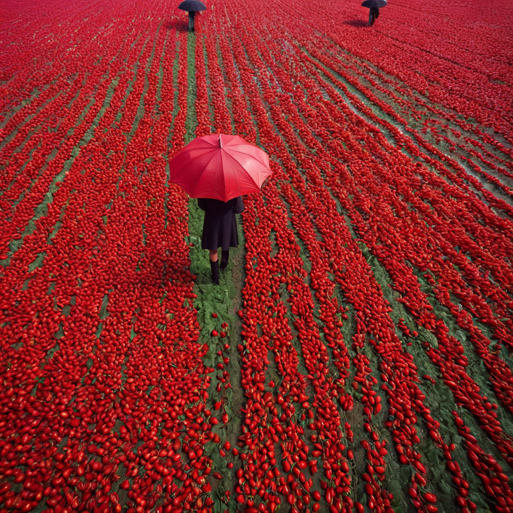UHD, 4k, ultra detailed, cinematic, a photograph of <lora:Juxtaposition style:1>
From above, Juxtaposition of a group of people with umbrellas on a field of red peppers,1girl,umbrella,reflection,holding umbrella,red theme,ripples Juxtaposition, artistic, photography, dramatic light, dramatic shadow light, contrast, saturated color, cinematic, filmic, photographic, realistic, realism, perfection, perfect, Juxtaposed, opposite, different things, side by side, syncretism, antithesis, Juxtaposition style, epic, beautiful lighting, inpsiring