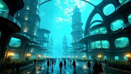Hyperrealistic depiction of Underwater City, a city built beneath the ocean, with massive glass domes housing buildings and streets. Bioluminescent sea creatures swim outside the domes, casting a soft glow over the city. The streets are filled with people, some of whom have adapted to the underwater environment with gills or other modifications.Expansive fields of algae that emit a soft, greenish-blue glow, creating an eerie yet serene atmosphere. Tall towers made of crystalline structures that refract light into rainbow patterns throughout the city.Streets and walkways illuminated by embedded neon lights, guiding residents through the watery cityscape.Large, transparent fish tanks built into the walls and floors, filled with bioluminescent fish that light up the space.
