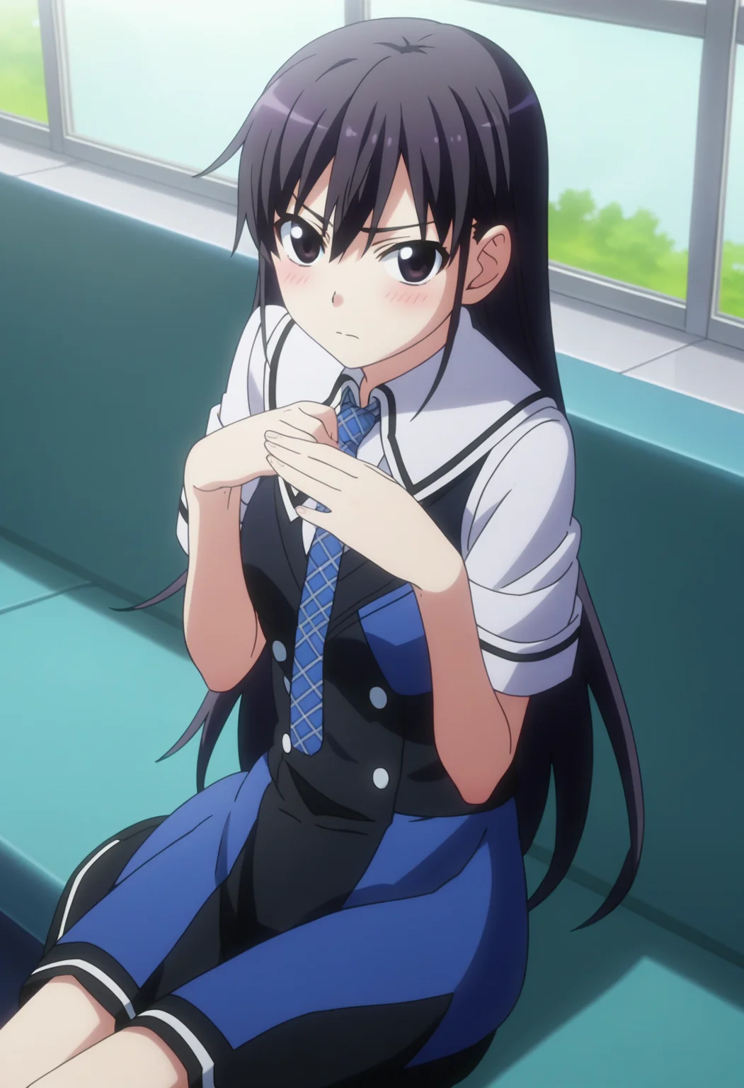 score_9, score_8_up, score_7_up, source_anime, 
BREAK
1girl, solo,  anime screencap, anime coloring, 
<lora:shiYumikoV1:1>, shiyumikonime, long hair, black hair, black eyes, 
school uniform, blue necktie, shirt, 
looking at viewer, blush, sitting,