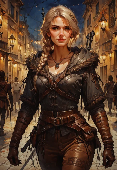 score_9, score_8_up, score_7_up, (zPDXL3), female, face portrait, concept art, realistic,
1girl, solo, mature woman, cw4, 1girl, white hair, green eyes, scar, long hair, hair over shoulder, braid, single braid, hair ornament, scar, scar on face, scar across eye, lips, closed mouth, armor, slim waist, breasts, medium breasts,  sheathed, sheath, leather, pauldrons, fur trim, gloves, brown gloves, pants, brown pants, pouch, belt, boots, jewelry, necklace, hood, hood down, weapon, weapon on back, sword, sword behind back, ethereal beauty, looking at viewer, fantasy city street, night, lanterns, beautiful, cowboy shot, sexy, cocked hip,