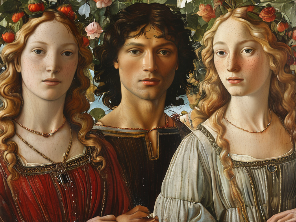 masterpiece,best quality,<lora:tbh117-sdxl:0.85>,Mars and Venus,illustration painting,style of Sandro Botticelli,