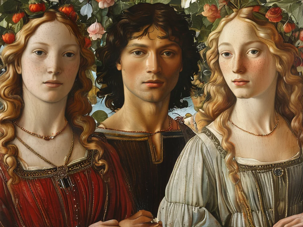 masterpiece,best quality,<lora:tbh117-sdxl:0.85>,Mars and Venus,illustration painting,style of Sandro Botticelli,