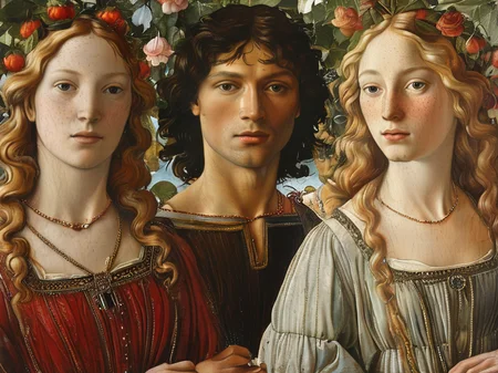 masterpiece,best quality,<lora:tbh117-sdxl:0.85>,Mars and Venus,illustration painting,style of Sandro Botticelli,