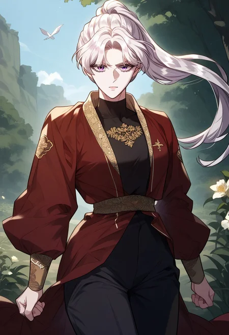 zPDXL3, score_9_up, score_8_up, score_7_up, (Anime_source), 1girl, Roselyn, purple eyes, white hair, long hair, Adventure Uniform, black pants, ponytail, ancient, cowboy shot, from front, looking at viewer, floating hair
