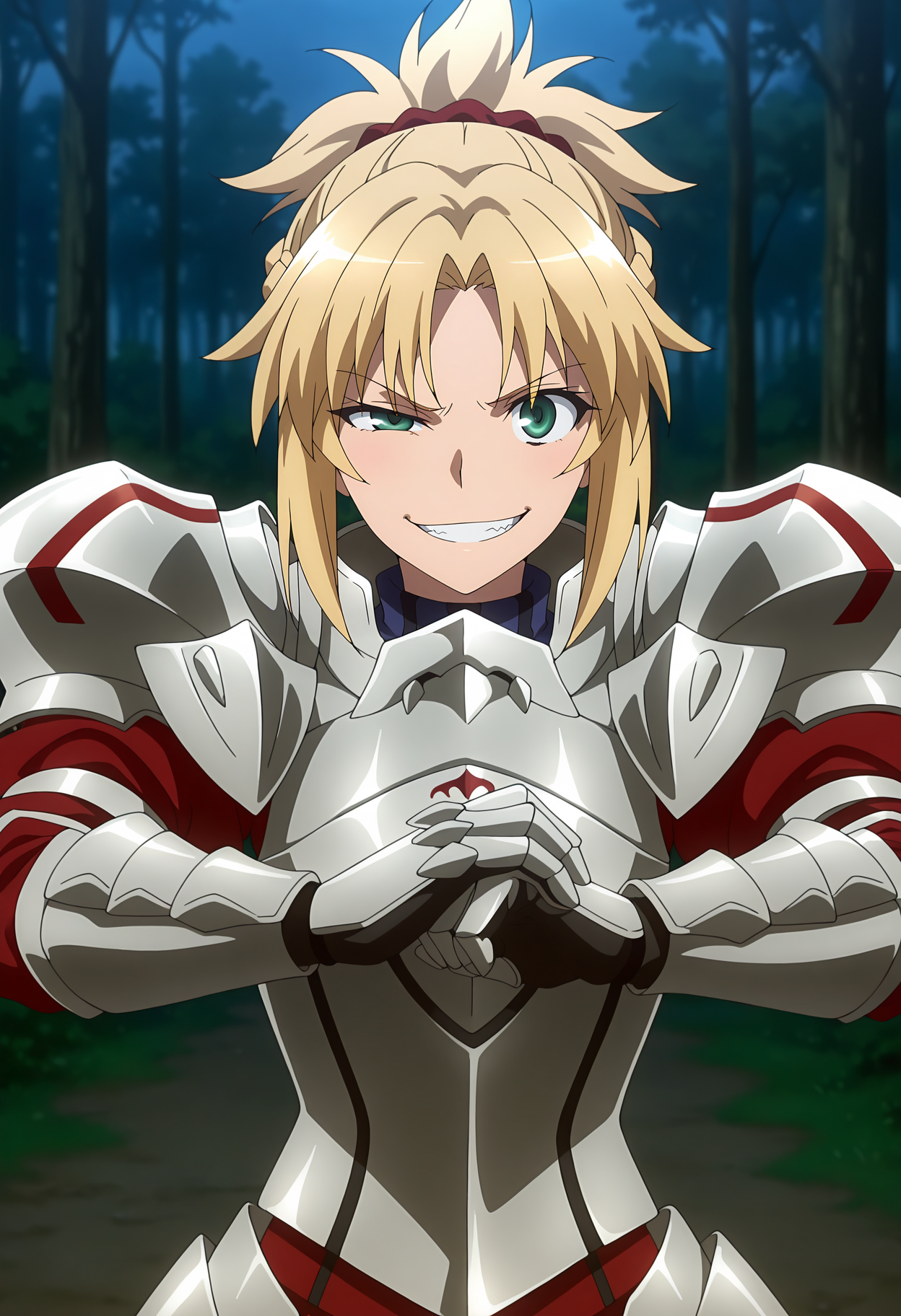 anime screencap, masterpiece, best quality,
<lora:FateApocrypha_Mordred_IlluXL:0.9>,
1girl, solo, crazy smile, grin, clenched teeth, uneven eyes,
ponytail, parted bangs, french braid, blonde hair, red scrunchie, green eyes,
breastplate, pauldrons, gauntlets,
cracking knuckles, standing, looking at viewer, upper body,
outdoors, forest, dark, night, fog, blurry background