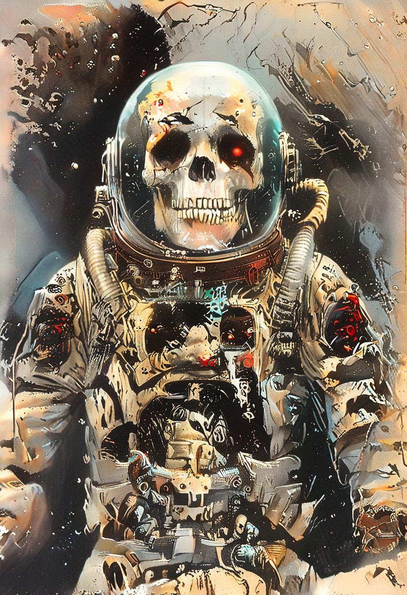 score_9,score_8_up,score_7_up, ((masterpiece,best quality)),absurdres, John Harris Style page, style of Simon Bisley, Simone Martini Style, space_space, dead astronaut, skeleton in a space suit, torn rusty dirty white american space suit, broken space suit helmet,skull in helmet, glass shards, floating through space, space stars galaxy background,