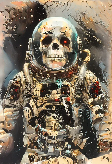 score_9,score_8_up,score_7_up, ((masterpiece,best quality)),absurdres, John Harris Style page, style of Simon Bisley, Simone Martini Style, space_space, dead astronaut, skeleton in a space suit, torn rusty dirty white american space suit, broken space suit helmet,skull in helmet, glass shards, floating through space, space stars galaxy background,