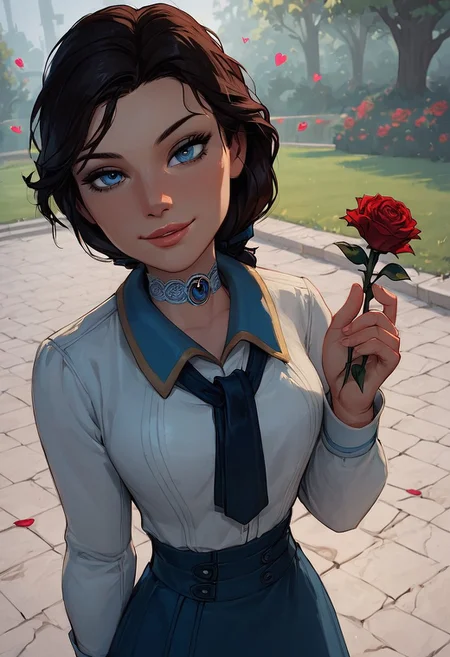 score_9, score_8_up, score_7_up, score_6_up, 1girl, 25 years old, perfect face, cute, petite, blue eyes, lace, park, green garden, seductive smile, come hither, naughty face, looking at viewer, dynamic angle, red roses, ELIZABETH2, low ponytail, tie, collared shirt, white shirt, skirt, blue eyes, hearts, holding rose