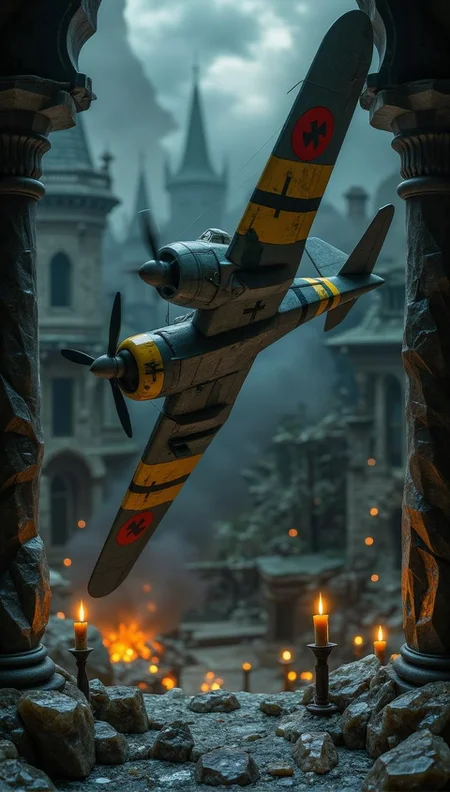 <lora:ck-polygon-gems-0019.safetensors:1> a crafted gemstone model in the style of cklg featuring a
In a haunted mansion's eerie darkness, a Messerschmitt Bf 109 fighter plane hangs suspended, its yellow bands and bold red ring glowing with an otherworldly energy. A ghostly pilot navigates through treacherous skies, amidst weathered fuselage and hellish explosions. The twisted metal is illuminated by flickering candlelight, and the sky itself has become a canvas of chaos, with distorted shadows and macabre architecture. Every detail seems frozen in time, as if captured by an unseen force.