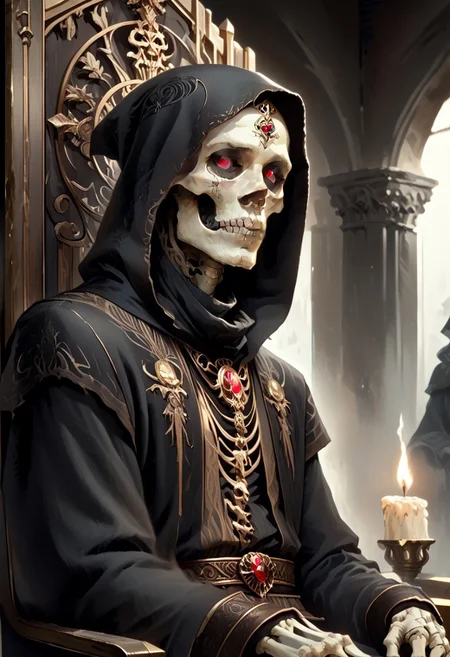 8k, score_9, score_8_up, score_7_up, Art Noveau, masterpiece, 1man (skeleton), (skull face), empty eye sockets, glowing red eyes, grey skin,
intricate black robe, intricate gold sash, black pants, black hood, gold trim, black capelet, high collar, no ears, long sleeves, long intricate gloves, emerald amulet. bracers,
sitting on throne, dark ruined palace, indoors,
1dk, portrait, Art Noveau, Noveau, skeleton, glowing eyes, black sclera, empty eyes, FFAOR, sharp_LASCALAE, ultra sharp focus,