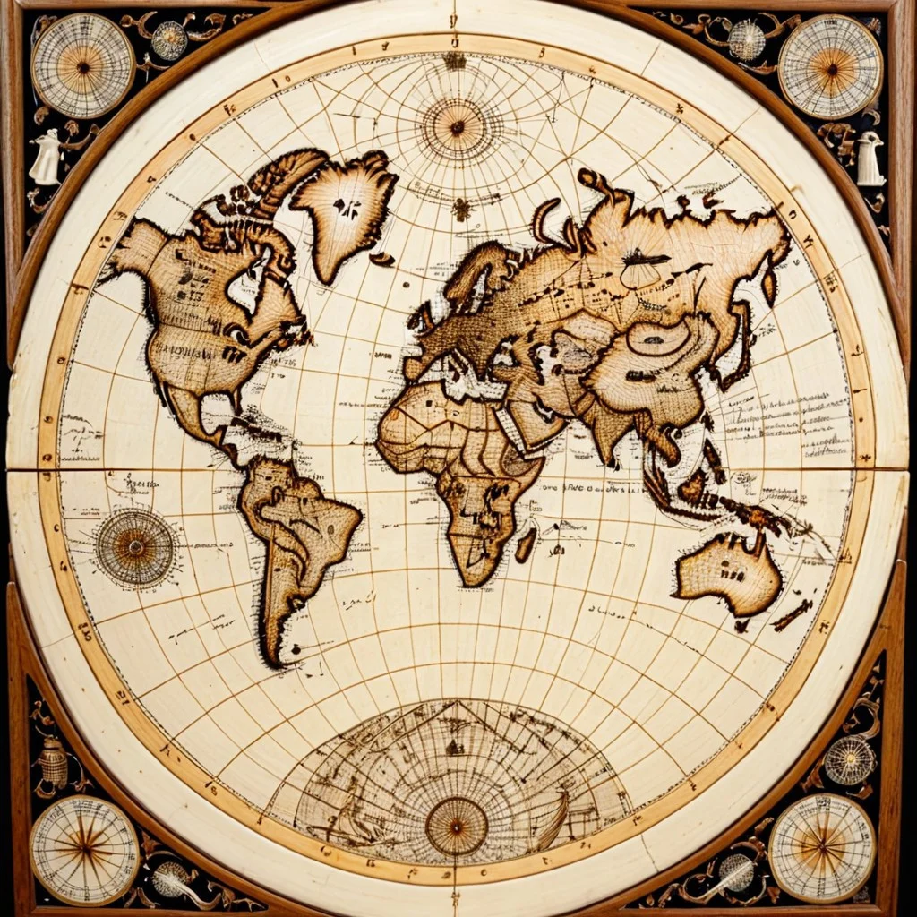 masterpiece, best quality, golden ratio, ancient map of the world made out of bone, scrimshaw, bone carving