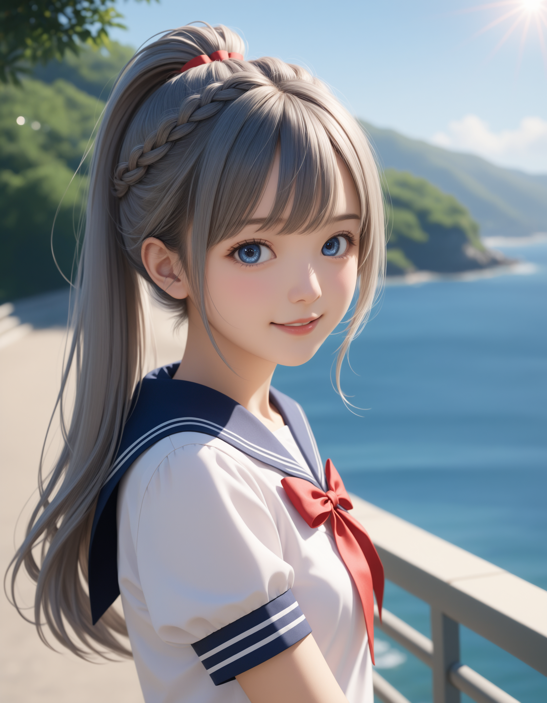 SceneDescription:
  - Composition: Portrait. Shooting from front.
  - Subject: A cute girl. (Chibi:0.45).
    - Characteristics:
      - Face: (Cute round face:1.1).
      - Eyes: Detailed dark-blue eyes.
      - Hair: Long wavy high (ponytail:1.2) with big ribbon hair ornament, (gray hair), (gray inner hair), left side french braid and asymmetrical bangs.
      - Body: Detailed slender body. Medium breasts.
      - Clothing: School uniform. White sailor shirt, short sailor sleeves, navy sailor collar, red ribbon tie and navy pleated skirt.
      - Expression: Amused expression. Open mouth.
      - Posing: Stylish pose. Looking at viewer.
  - Background: Fashionable ocean view park.
    - Elements: Lush greenery. Blue sky. Lens flare.
Season: Summer.
Time: Daytime.
Lighting: Sunbeam:1.4).
ArtStyle: Photorealistic. Cute style.
Quality: Intricate details. Extremely detailed. Outstanding intricacies. (Masterpiece:1.2). (Best quality:1.2). (Absurdres absolutely resolution:1.4).
Mood: Serene atmosphere.