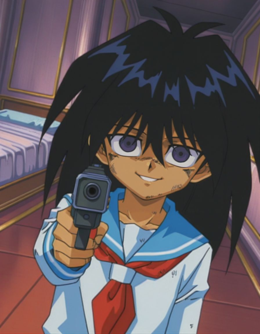 masterpiece, best quality, male focus, bedroom, (sailor:1.2), solo,dirty, looking at viewer, aiming at viewer, holding gun, dutch angle, evil smile, 
<lora:Mind_Controlled_Mokuba_1:0.9>, m0ku, 1boy, black hair, long hair, purple eyes, retro artsyle, 1990s (style), hair between eyes, male child, empty eyes,