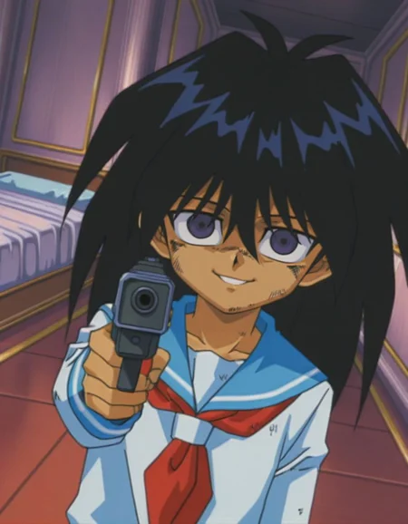 masterpiece, best quality, male focus, bedroom, (sailor:1.2), solo,dirty, looking at viewer, aiming at viewer, holding gun, dutch angle, evil smile,
<lora:Mind_Controlled_Mokuba_1:0.9>, m0ku, 1boy, black hair, long hair, purple eyes, retro artsyle, 1990s (style), hair between eyes, male child, empty eyes,