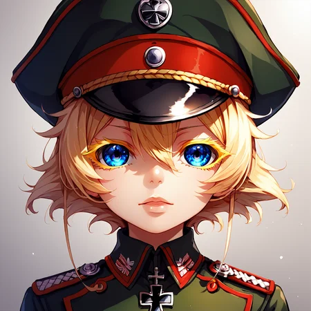 score_9, score_8_up, score_7_up,
TanyaDegurechaff,tunic, 1girl, solo, looking at viewer, short hair, blue eyes, manga eyes, blonde hair, hat, hair between eyes, uniform, military, eyelashes, military uniform, cross, peaked cap, military hat, colored eyelashes, iron cross,score_9, source_anime
<lora:TanyaPonyV2:0.8>