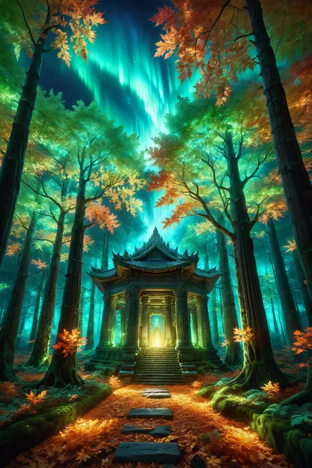 maple forest with glowing leaves, morph-aurora, ancient temple with stone carvings, detailed background, best quality, vibrant colors, photorealistic style, high detail, hyper-realistic, highres, 4K resolution, realistic photo, masterpiece, ultra-detailed, ethereal light, greens and golds, soft glow, overhead shot, <lora:add-detail-xl:1> <lora:aurora_0_100_V1-000009:0.65>