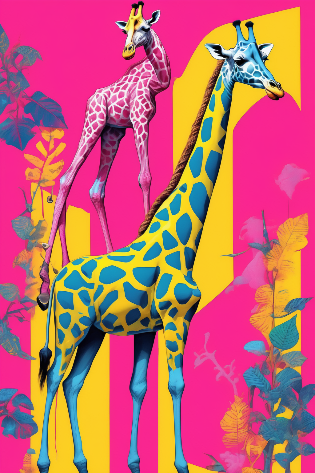 <lora:Yoh Nagao Style:1>Yoh Nagao Style - pop art with pink, yellow and blue color, giraffe and long human legs, fig leaves surrealistic style