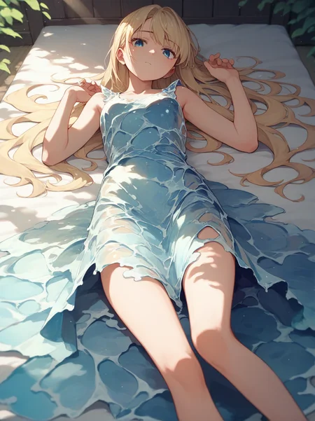 score_9, score_8_up, score_7_up, score_6_up, source_anime, <lora:water_dress_v0.2-pony:1>
1girl, long hair, blonde hair, blue eyes, 
liquid dress, lying, looking at viewer, dappled sunlight,