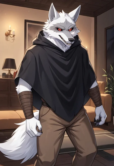 best quality, newest, absurdres, highres, 1boy,solo,Anthro,Deathwolf, Wolf, Black Sclera, Red Eyes, white fur,black hooded cloack,arm bandage,leg bandage,brown pants,living room