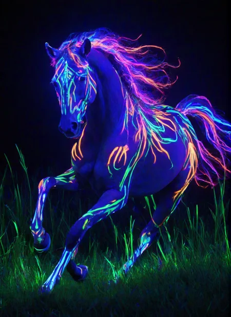 <lora:PE_NeonUV Style:0.8> PENeonUV, blacklight, neon,
beautiful horse, galloping through a grass field, at night,