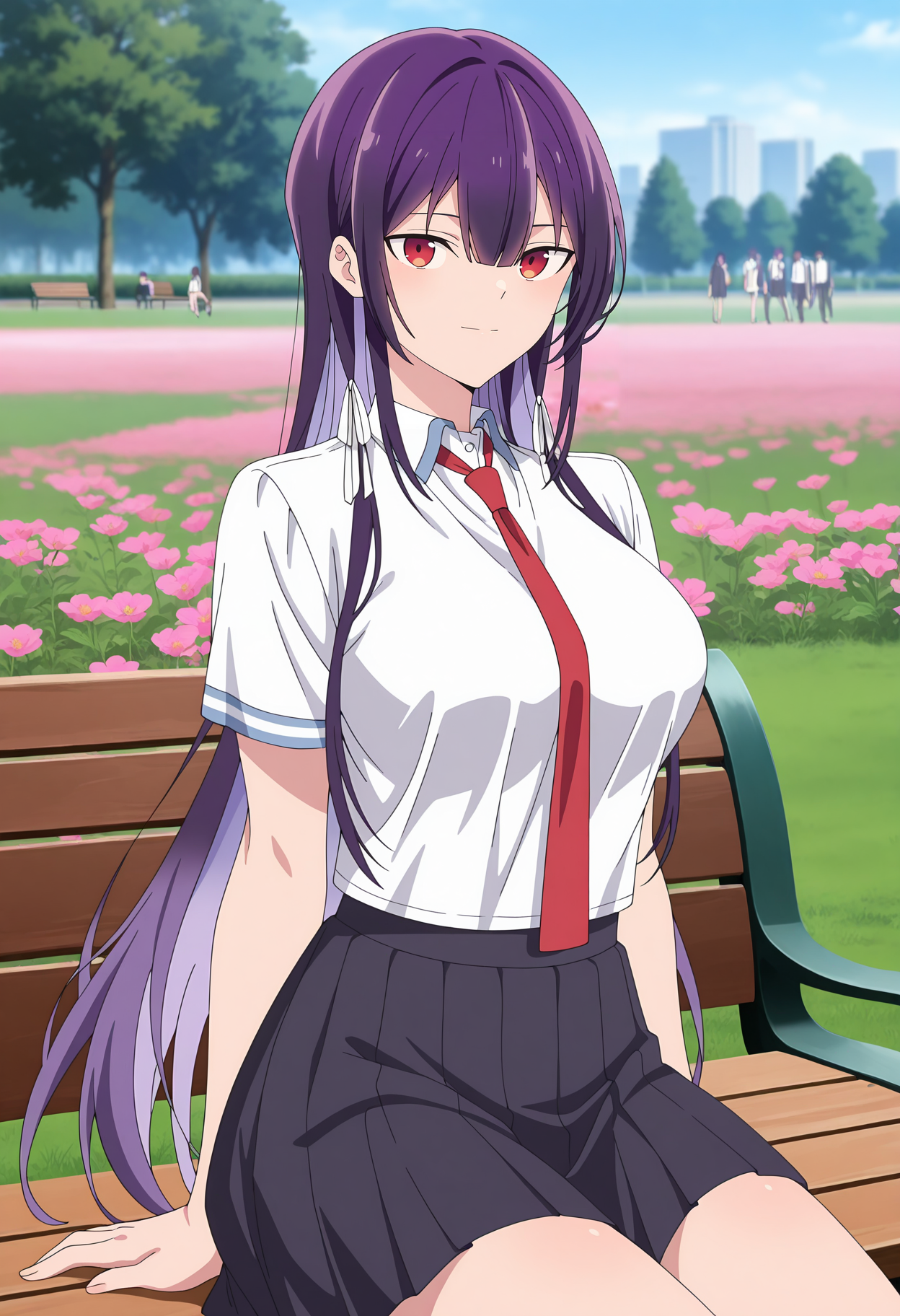 anime screencap, masterpiece, best quality,
<lora:HaiteKudasaiTakamineSan_TakamineTakane_IlluXL:0.9>,
1girl, solo, light smile, closed mouth,
blunt bangs, hair between eyes, long hair, purple hair, red eyes, hair ribbon, white ribbon,
white shirt, red necktie, short sleeves, pleated skirt, black skirt,
sitting, looking at viewer, 
outdoors, scenery, tree, park, bench, people, grass, flower field, blue sky, photo background, blurry background