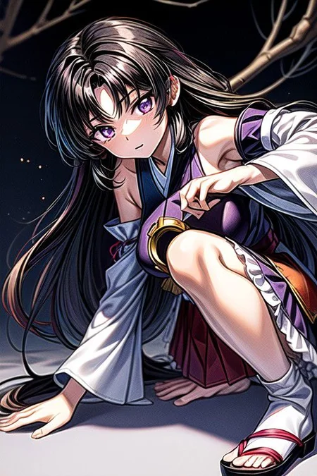 masterpiece, best quality 1girl Setsun4 solo long hair, (night time) forest background black hair very long hair purple eyes multicolored hair armor (fur trim) (medium body),<lora:EMS-179-EMS:0.800000>,<lora:EMS-293862-EMS:0.800000>ascot, bare shoulders, black footwear, detached sleeves, embellished costume, frills, japanese clothes, nontraditional miko, red skirt, sandals, sarashi, skirt, socks, armor, miko