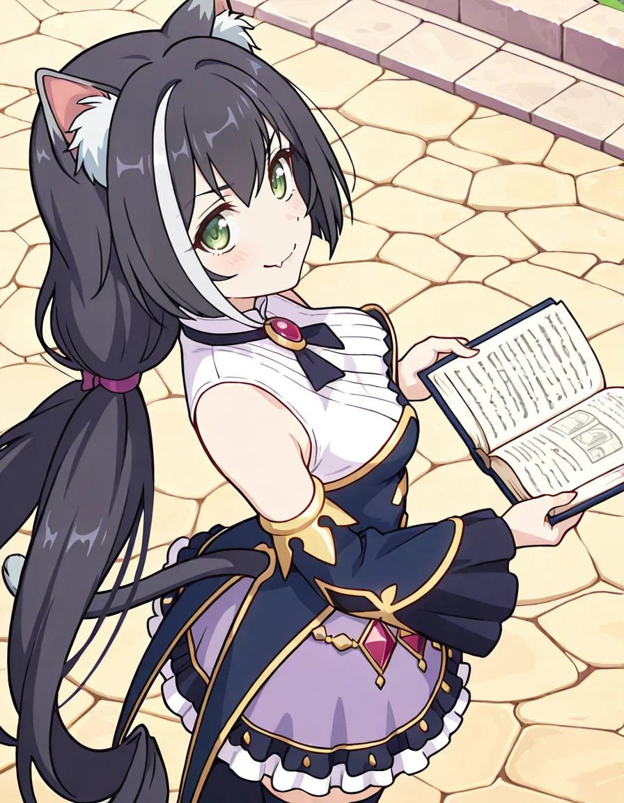 (karyl (priconne),streaked hair,multicolored hair,black hair,white hair,very long hair,low twintails,bangs,purple bow,green eyes,fang,cat girl,animal ear fluff,cat ears,cat tail,sleeveless shirt,long wide frilled detached sleeves,bare shoulder,purple frilled skirt,black thighhighs,holding open book,smile,1girl),cobblestone streets in a medieval town,medieval castle,day,
(from above,from side:2) ,
looking at viewer,
medium breasts,
perky breasts,realistic proportions,natural looking breasts,explicit,hair between eyes,strong outlines,clean lineart,harsh lines,slim,curvy,(narrow waist:0.1), wide hips,thick thighs,detailed body,skindentation,matte skin,smooth skin,deep skin,soft brightness,detailed mouth,kawaii,moe face,
(anime screencap),(anime coloring:1.2),anime style, Japanese anime, cel-shading, clean lineart, vibrant colors, sharp facial features, 2D illustration, anime screencap style,anime background scenery,detailed linework,intricate details,(masterpiece,best quality,amazing quality),IllusP0s,(very aesthetic,absurdres:1.2),16k,highres,perfect hands,five fingers,detailed hands,
<lora:ããªã³ã»ã¹ã³ãã¯ãReDiveãã£ã«illustriousPrincess_Connect_ReDivekarylillustrious:1:0.8>