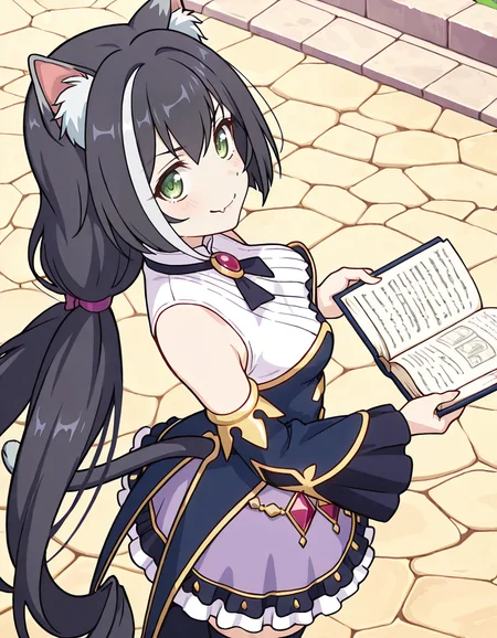 (karyl (priconne),streaked hair,multicolored hair,black hair,white hair,very long hair,low twintails,bangs,purple bow,green eyes,fang,cat girl,animal ear fluff,cat ears,cat tail,sleeveless shirt,long wide frilled detached sleeves,bare shoulder,purple frilled skirt,black thighhighs,holding open book,smile,1girl),cobblestone streets in a medieval town,medieval castle,day,
(from above,from side:2) ,
looking at viewer,
medium breasts,
perky breasts,realistic proportions,natural looking breasts,explicit,hair between eyes,strong outlines,clean lineart,harsh lines,slim,curvy,(narrow waist:0.1), wide hips,thick thighs,detailed body,skindentation,matte skin,smooth skin,deep skin,soft brightness,detailed mouth,kawaii,moe face,
(anime screencap),(anime coloring:1.2),anime style, Japanese anime, cel-shading, clean lineart, vibrant colors, sharp facial features, 2D illustration, anime screencap style,anime background scenery,detailed linework,intricate details,(masterpiece,best quality,amazing quality),IllusP0s,(very aesthetic,absurdres:1.2),16k,highres,perfect hands,five fingers,detailed hands,
<lora:ããªã³ã»ã¹ã³ãã¯ãReDiveãã£ã«illustriousPrincess_Connect_ReDivekarylillustrious:1:0.8>