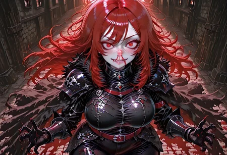 very aesthetic, masterpiece, best quality, highres, absurdres, amazing quality, high resolution, medieval background, detailed eyes, perfect eyes, expressive eyes, Expressiveh, vivid colors, realistic lighting, perfect anatomy, addmicrodetails, ultra detailed face, ultra detailed eyes
Red Eyes, long hair, red hair, pale skin, voluptuous, cellulite, chubby, large breasts, ((uneven eyes)), freckles, crazy eyes, wide hips
black medieval armor, black armor, black gloves, sharp fingers, black gauntlets, dark red leather straps, black fur cloak, black fur collar, black leggings, black pauldrons, black shirt, button up shirt, button down shirt, gambeson
absurdres, highres, anime, anime style, ExcessiveAnimeNosebleed, nose bleed, bleed, excessive nose bleed, blood, nosebleed,