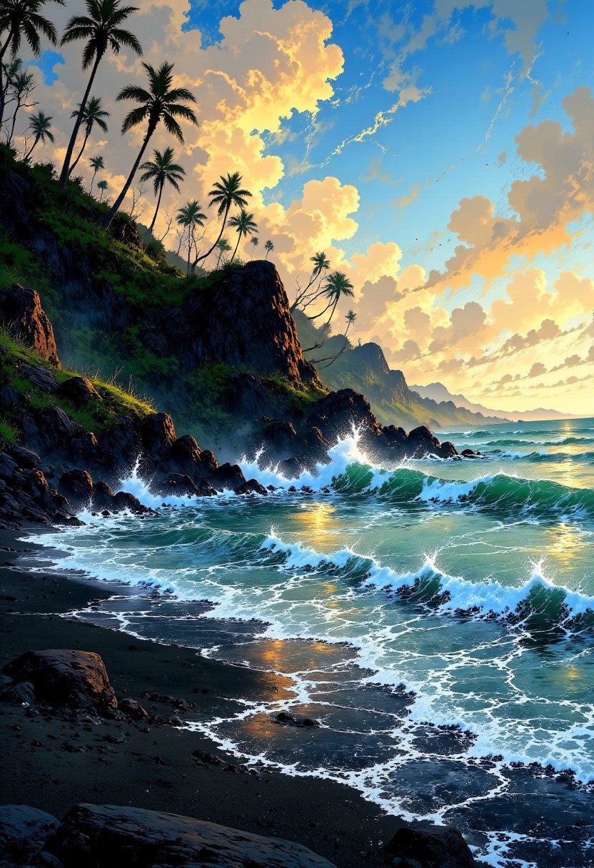 Hawaiian Black Sand Beach – Lava Rocks & Ocean Waves
"A mystical black sand beach in Hawaii, where volcanic lava formations create a striking contrast against the deep blue Pacific Ocean. Tall palm trees stand along the shoreline, their fronds casting playful shadows on the sand. Powerful waves crash against the rugged coastline, sending white mist into the golden sunlight."