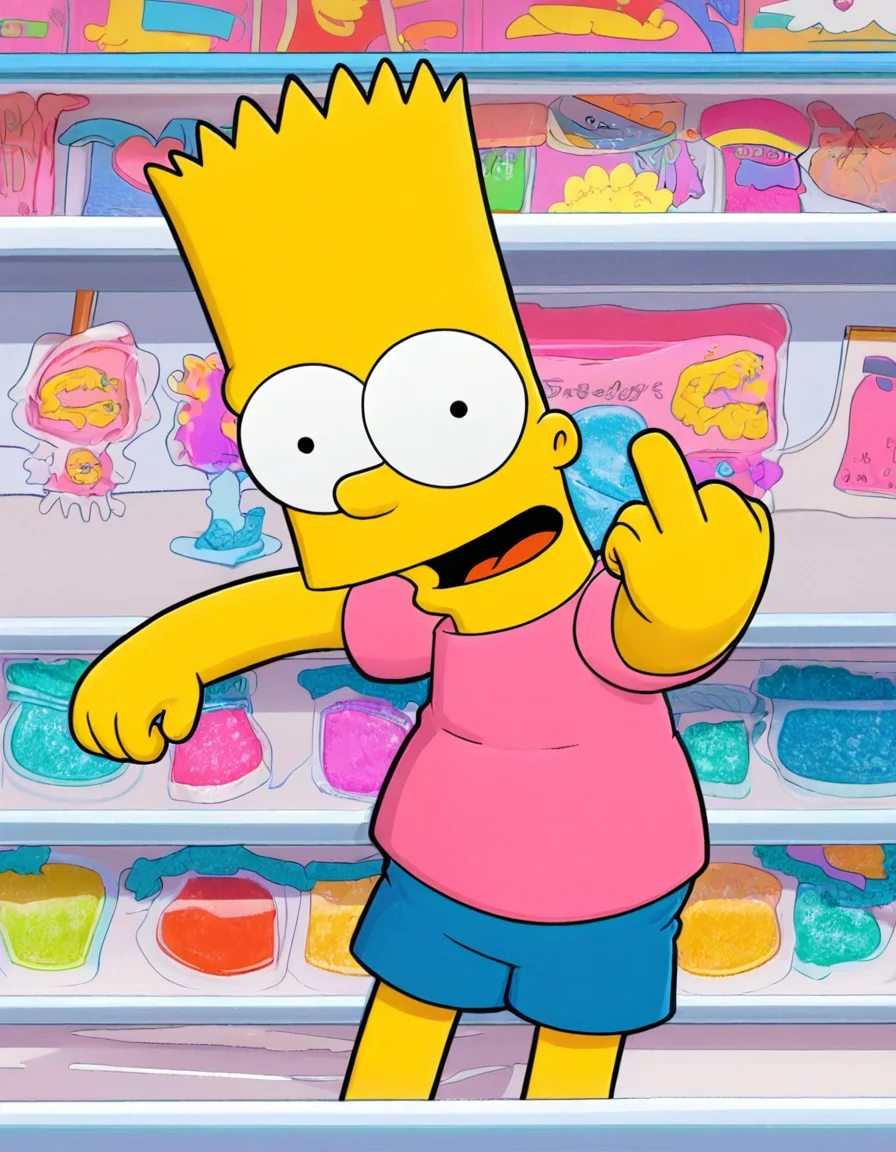 bart_simpsons, boy, spiked hair, open mouth, blue shorts, looking at viewer, middle finger, in candy shop, masterpiece, best quality, solo,
<lora:the_simpsons:1>