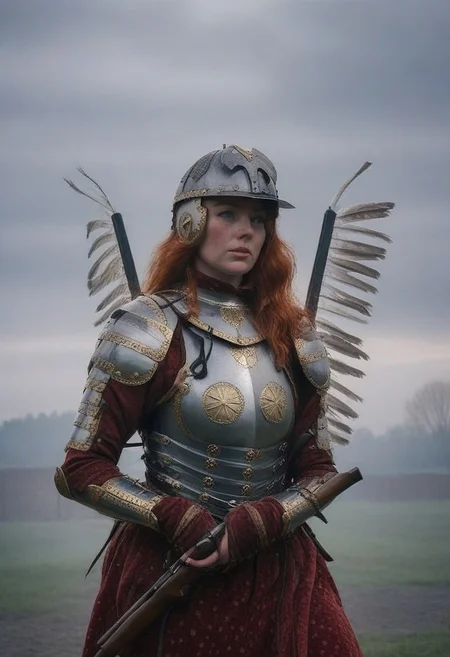 Cinematic photography of a beautiful redhead woman wearing winged_hussar_armor, hourglass body shape, wide hips, large breasts covered by form fitting metallic armor, lather harness made of black straps with metal rings. The woman is in powerful pose emphasizing her curves. She is wearing helm, breastplate, pauldrons, faulds, vambraces, boots. She is holding flintlock pistol. Seductive eyes with a reflection. Atmospheric fashion photography, soft white light in fogy day breaking through the smoke and steam in which the woman's silhouette disappears. Mysterious aura. In the background dark blurred abstract geometrical forms over snowy field.