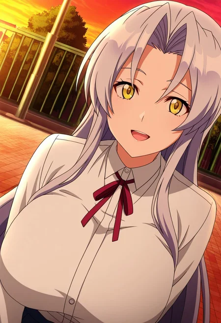 general,highres, ultra-detailed,very aesthetic,best quality ,best hands,best eyes,easynegative,
dynamic anglre, dutch angle, anime cloring,anime screencap,
1girl solo,looking at viewer,school, outdoors, smile,open mouth,
Mikoto Kiba,grey hair, long_hair, yellow eyes, huge_breasts,school uniform,