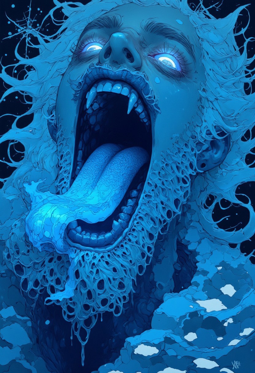 A cinematic pop Art extreme close-up of Elsa reimagined as a terrifying ice witch with Frost breath, Her mouth is wide open in a menacing scream, revealing sharp, jagged teeth, as icy breath escapes into the frosty air. Her translucent, ocean-blue skin glows faintly, as if made of ice, with intricate frost patterns glistening across her face. Her wide, glowing eyes exude both beauty and terror, contrasting with the eerie perfection of her icy form. Backlighting creates a dramatic, atmospheric glow, illuminating the snowflakes swirling in the air and emphasizing the sharp edges of her frozen visage. The scene is chilling, intense, and hauntingly beautiful.