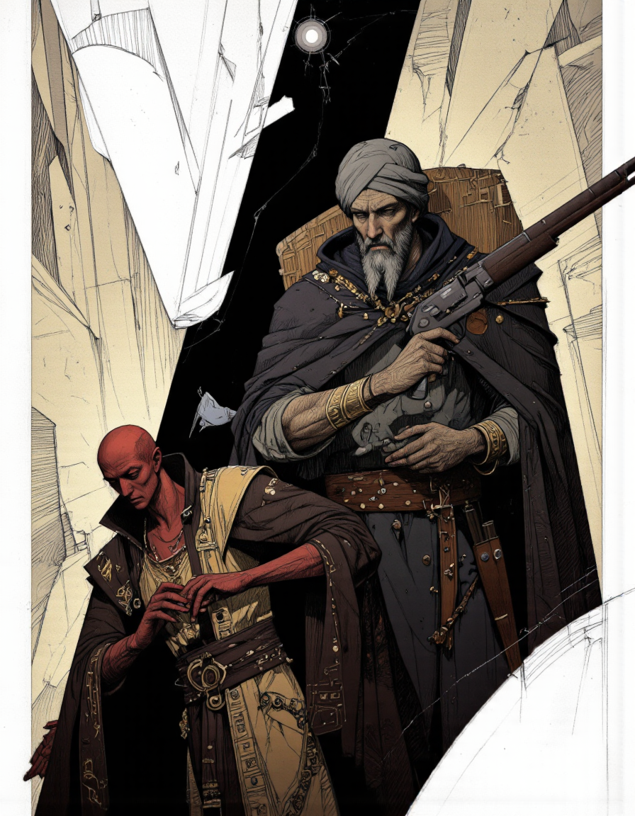Art by Paco Gimenez. A digital illustration shoot from a low-angle perspective about a stylized illustration of a man with a beard and a long beard, wearing a dark cloak and a turban, standing in the middle of the image, facing the viewer with a serious expression. he is holding a gun in his right hand and appears to be in a state of determination. on the left side of the man, a small, red, humanoid figure is standing in front of him, looking down. the figure is wearing a long, dark cloak with intricate patterns and jewelry, and it is positioned in a way that creates a sense of depth and perspective. the background is a simple, abstract design with a mix of light and dark tones, creating a stark contrast between the man and the figure. the overall style of the illustration is reminiscent of comic book art, with bold lines and geometric shapes adding to the overall sense of realism.