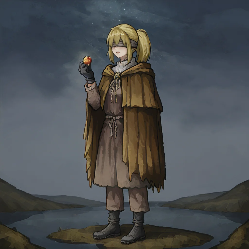 <lora:HyettaV2:0.8>,1girl,full body,absurdres,masterpiece,elden ring,short ponytail,bangs,grey blindfold,covered eyes,hide capelet,grey cloak,black gloves,standing,grapes,holding grapes,drooling,misty lake,night sky,star \(sky\),