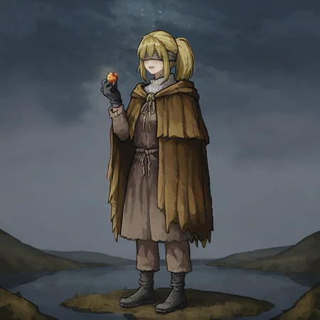 <lora:HyettaV2:0.8>,1girl,full body,absurdres,masterpiece,elden ring,short ponytail,bangs,grey blindfold,covered eyes,hide capelet,grey cloak,black gloves,standing,grapes,holding grapes,drooling,misty lake,night sky,star \(sky\),