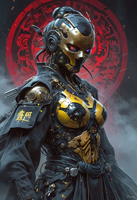 Create a extrahart, mystical, and high-resolution image of an busty female anthropomorphic a humanoid robot with intricate mechanical components named c3po. The character should be depicted in a manga cover style with wealthy portraiture and poster art elements. The image should feature rich colors and high contrast, focusing on the best quality, official art, and a beautiful and aesthetic appearance. Include fractal art elements and a colorful background with a splash of color. Use a movie perspective and an advertising style, similar to a magazine cover. C3po samurai should be shown solo, wearing Japanese clothes and armor, holding a sheathed katana, and standing in a cowboy shot pose. The robot should have neon green and yellow hip-hop clothes, tattoos, muscular abs, shoulder armor, and a metallic flowers in the background. Emphasize a samurai theme with a black and red background and starwars elements.