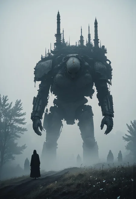 a grotesque, steam-powered walking fortress lurching through the dense fog, its towering, rusted frame groaning under the weight of countless pipes, gears, and asymmetrical iron plates. Its mechanical legs, clawed and skeletal, sink into the misty meadow, each step releasing a wheezing burst of steam. The structure looms like a hulking, mechanical beast, its warped chimneys exhaling thick, oily smoke that twists into the eerie sundawn sky. Shadows flicker through the fog, revealing glimpses of haphazard towers, grinding gears, and flickering lanterns casting unsettling, elongated silhouettes. The air hums with the sound of creaking metal and the distant hiss of unseen machinery, a monolithic steampunk horror wandering without end.