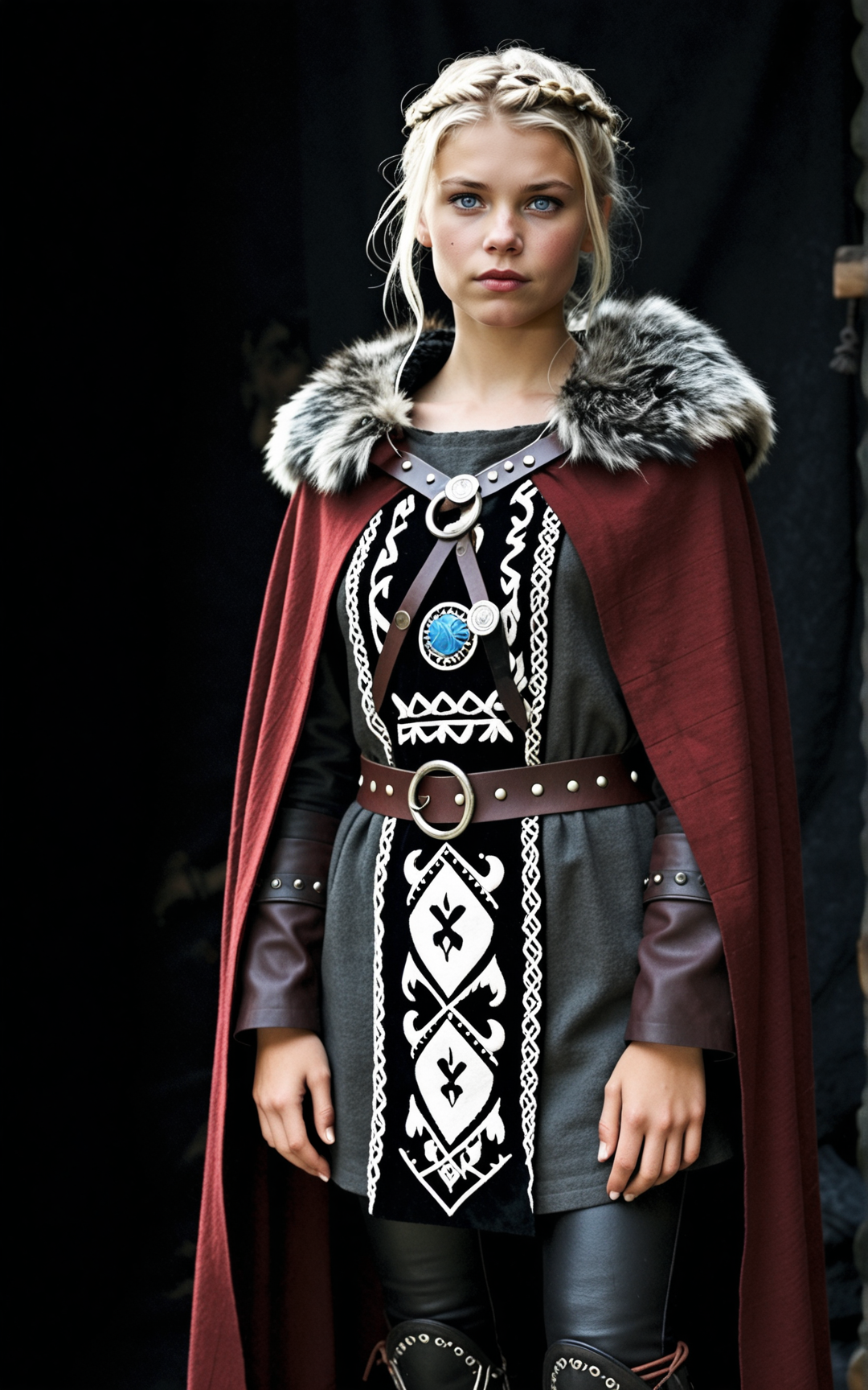 1girl,Viking, Astrid from the TV series Vikings, Josefin Asplund, dark hair, short hair, tousled hair, blue eyes, friendly look, normal breasts, A high status chieftainâs attire in obsidian black, stormy gray, and deep crimson, consisting of a thickly woven tunic with metallic thread embroidery. A grand wolf fur cloak, fastened by twin silver brooches, drapes over the shoulders. Paired with sturdy leather leggings and hand wrapped hide boots.,