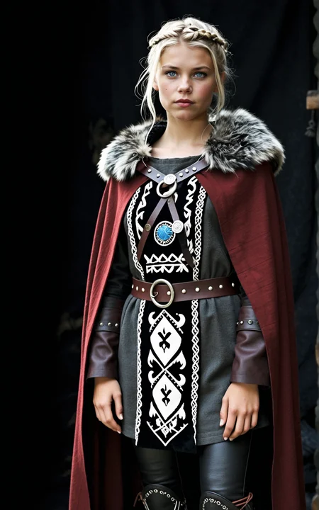 1girl,Viking, Astrid from the TV series Vikings, Josefin Asplund, dark hair, short hair, tousled hair, blue eyes, friendly look, normal breasts, A high status chieftainâs attire in obsidian black, stormy gray, and deep crimson, consisting of a thickly woven tunic with metallic thread embroidery. A grand wolf fur cloak, fastened by twin silver brooches, drapes over the shoulders. Paired with sturdy leather leggings and hand wrapped hide boots.,