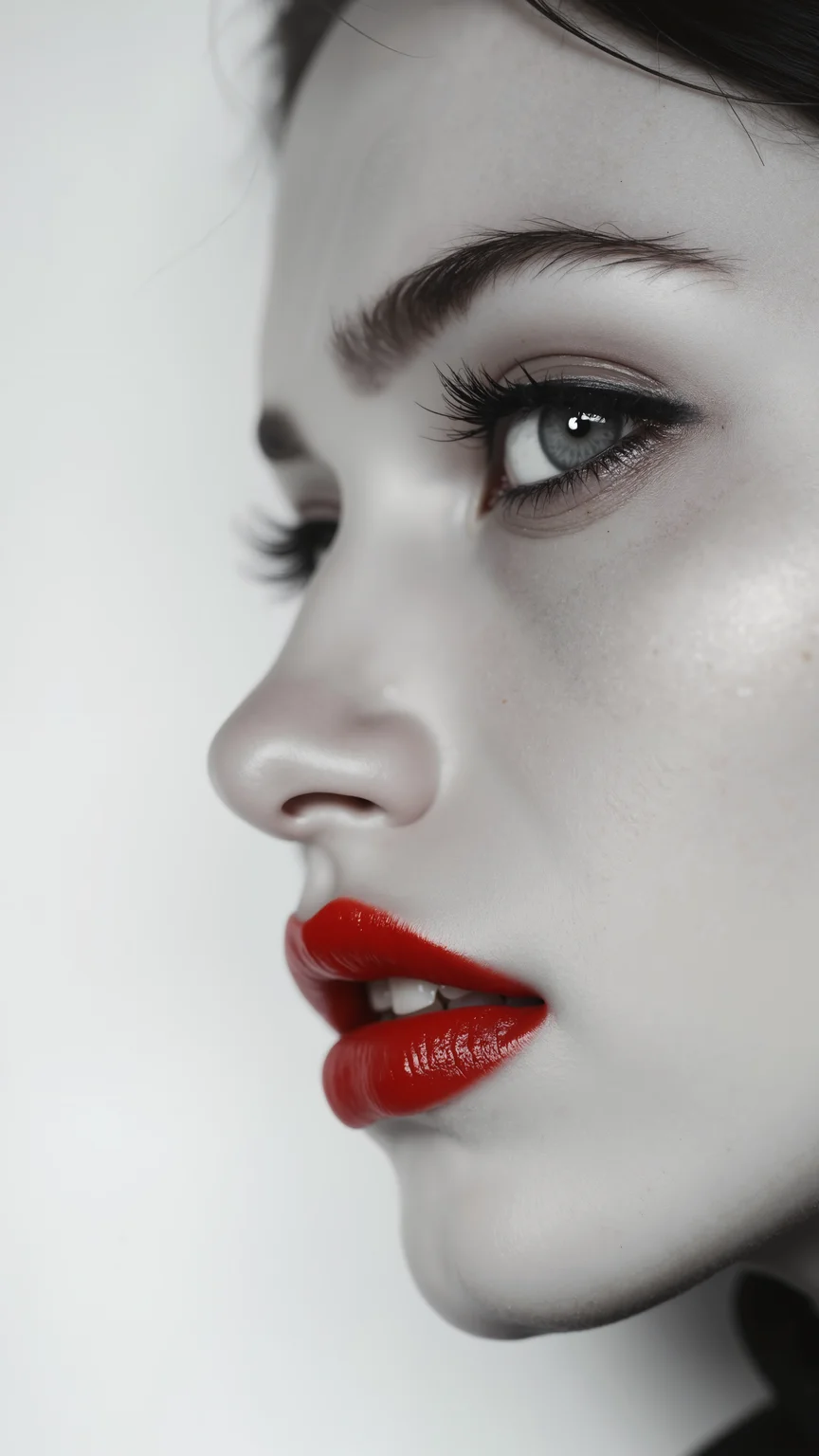 Sophisticated sensual tableaus, this A captivating minimalist portrait of a shy and alluring woman. The left half of her face is visible, with her delicate features seamlessly merging into a blank canvas of white. Her soft, bright red lips contrast against the monochromatic background, drawing the viewer's attention. Her eyes hold a subtle, mysterious expression that exudes both haunting and enchanting vibes. The simplicity of the composition, with its stark contrast, evokes a sense of ethereal beauty. by Sasan elevates eroticism to aesthetic heights, every image a seducing sublime masterpiece.