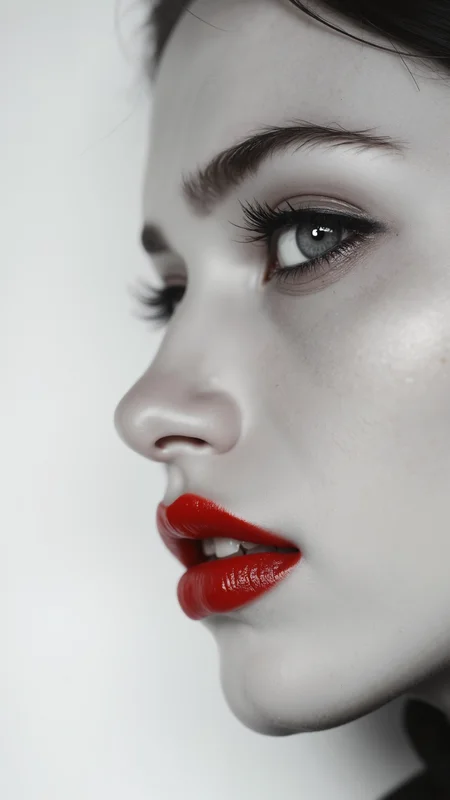 Sophisticated sensual tableaus, this A captivating minimalist portrait of a shy and alluring woman. The left half of her face is visible, with her delicate features seamlessly merging into a blank canvas of white. Her soft, bright red lips contrast against the monochromatic background, drawing the viewer's attention. Her eyes hold a subtle, mysterious expression that exudes both haunting and enchanting vibes. The simplicity of the composition, with its stark contrast, evokes a sense of ethereal beauty. by Sasan elevates eroticism to aesthetic heights, every image a seducing sublime masterpiece.