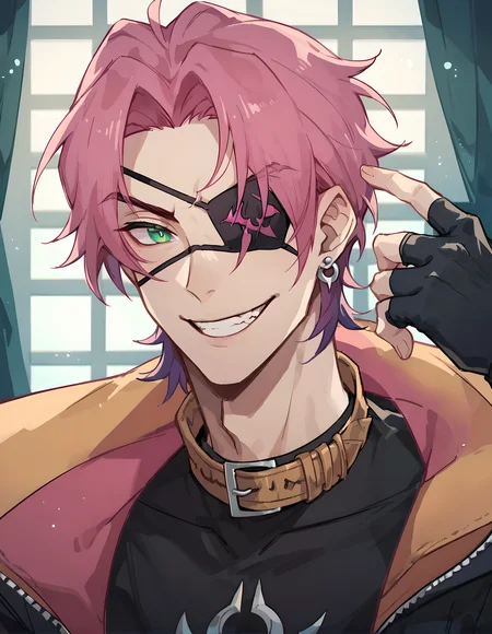 score_9, score_8_up, score_7_up, hs kayn, solo, looking at viewer, smile, short hair, shirt, gloves, 1boy, jewelry, green eyes, jacket, pink hair, male focus, earrings, black gloves, fingerless gloves, grin, collar, parted bangs, black shirt, eyepatch, single earring,
<lora:HS_Kayn_Test2:0.76>, zPDXL, indoors